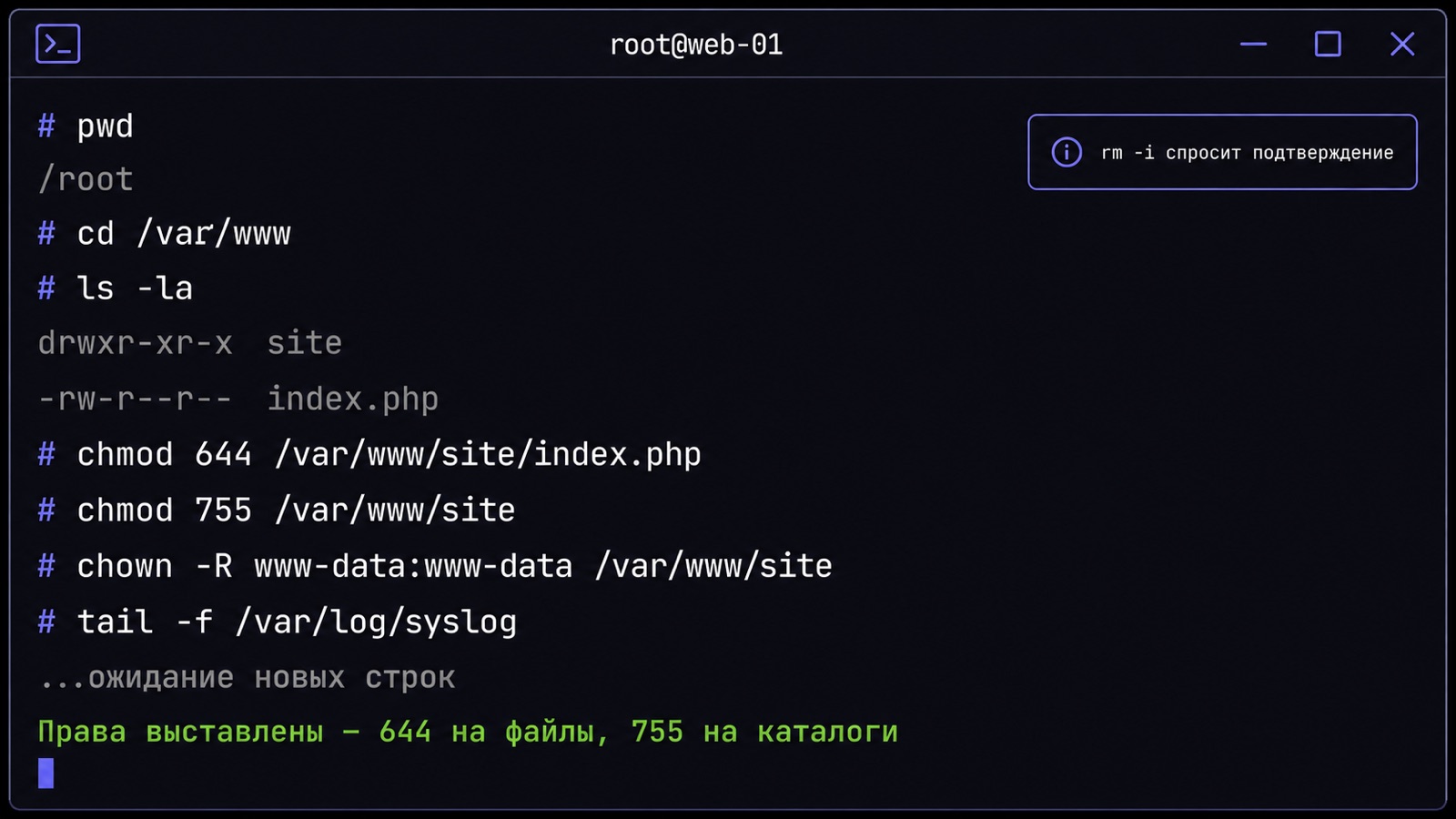 Права 644 на файлы и 755 на каталоги в терминале Linux