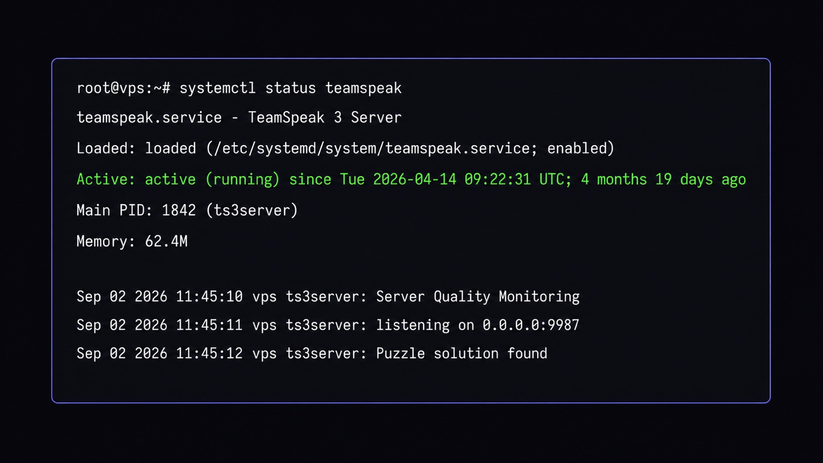 Проверка статуса сервера TeamSpeak командой systemctl