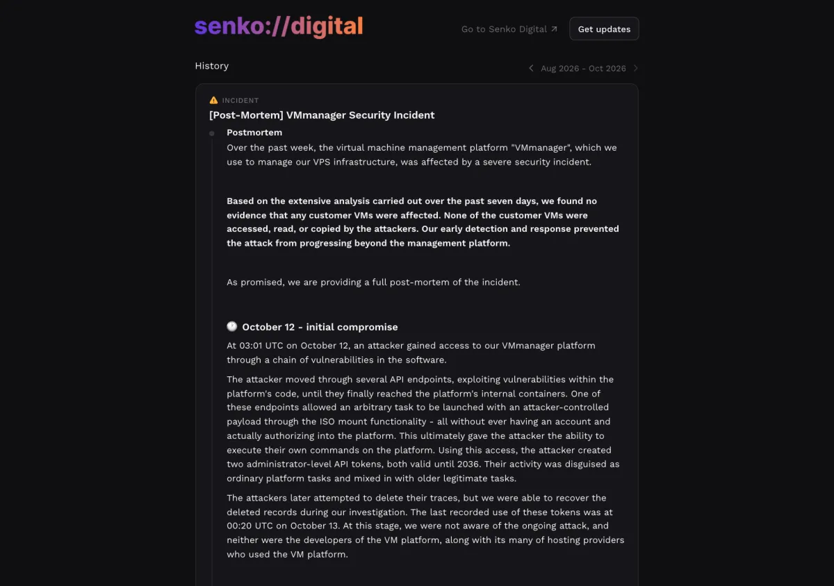 Скриншот постмортема Senko Digital об атаке через VMmanager